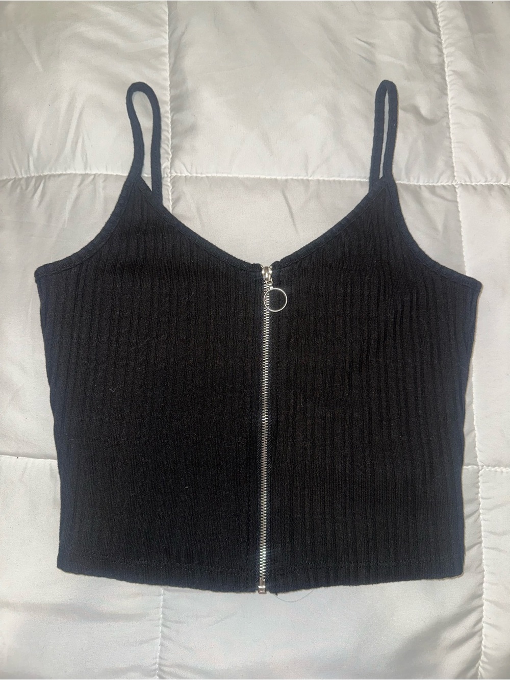 Garage Black Ribbed Zip Up Spaghetti Strap Tank